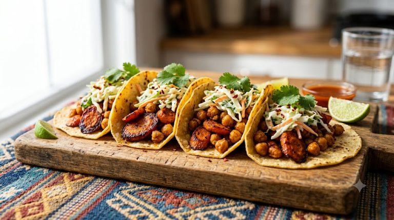 Tacos de Zanahoria y Garbanzos Asados con Ensalada Cremosa de Cilantro