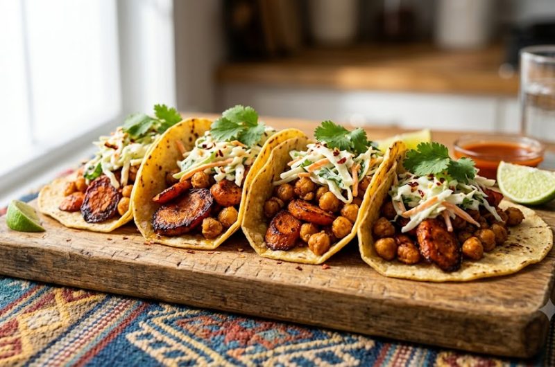 Tacos de Zanahoria y Garbanzos Asados con Ensalada Cremosa de Cilantro