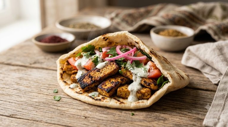 Wraps de Shawarma de Tofu Crujiente con Salsa de Cilantro