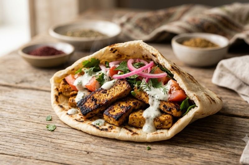 Wraps de Shawarma de Tofu Crujiente con Salsa de Cilantro