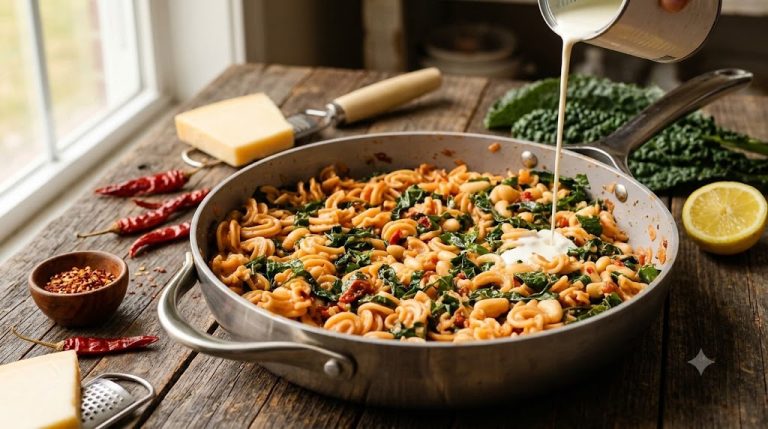 Pasta Toscana Cremosa con Alubias Blancas y Kale