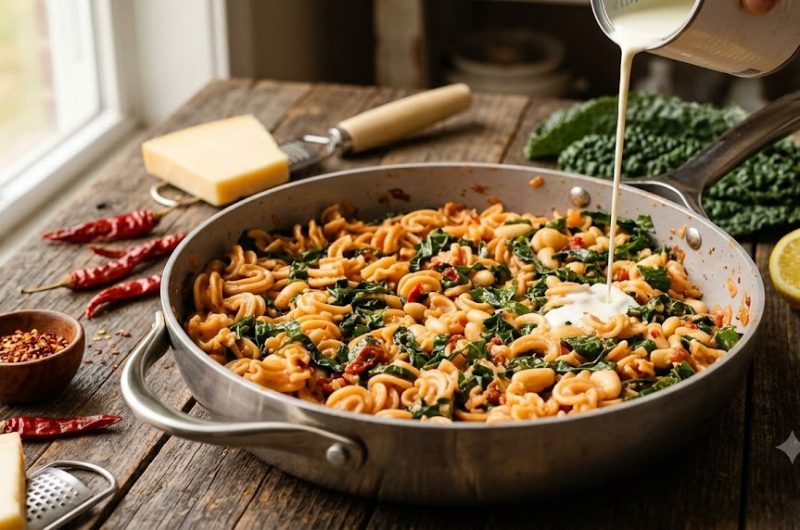 Pasta Toscana Cremosa con Alubias Blancas y Kale