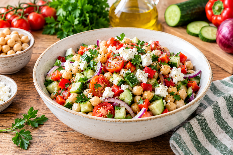 Ensalada de garbanzos con verduras y queso feta