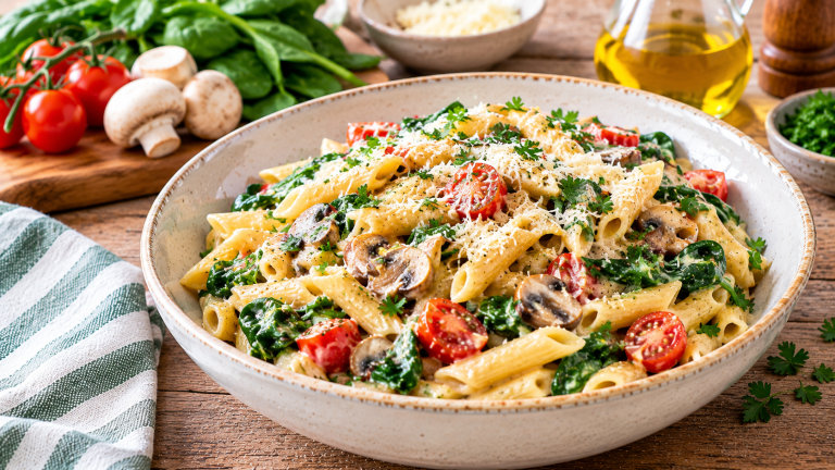 Pasta cremosa con champiñones y espinacas fácil