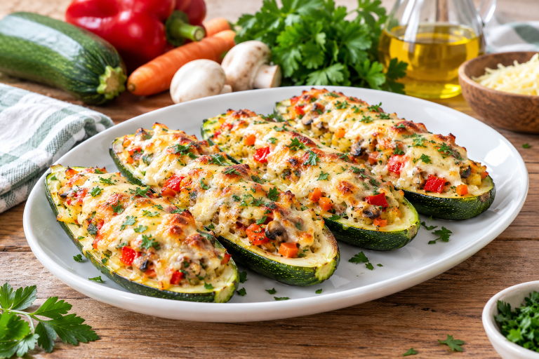 Calabacines rellenos de verduras y queso al horno