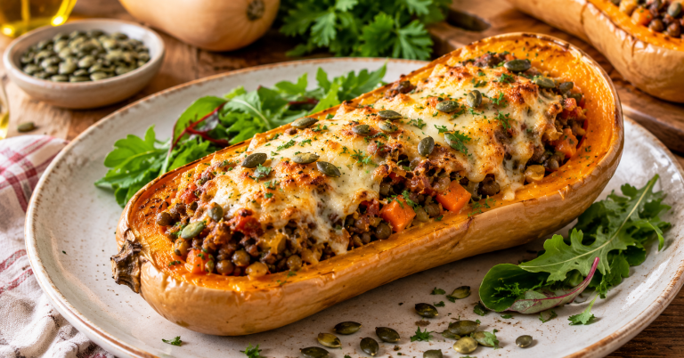 Calabaza Asada Rellena de Lentejas y Queso